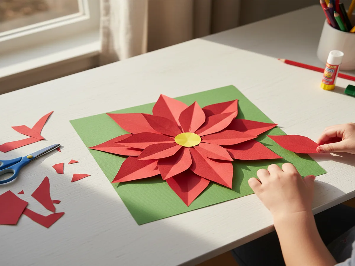 Handmade paper poinsettia flower with red construction paper petals layered around a yellow center circle