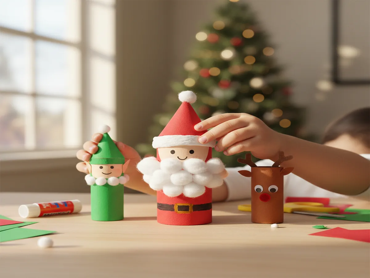 Handmade paper roll Santa Claus craft made from a toilet paper roll wrapped in red paper