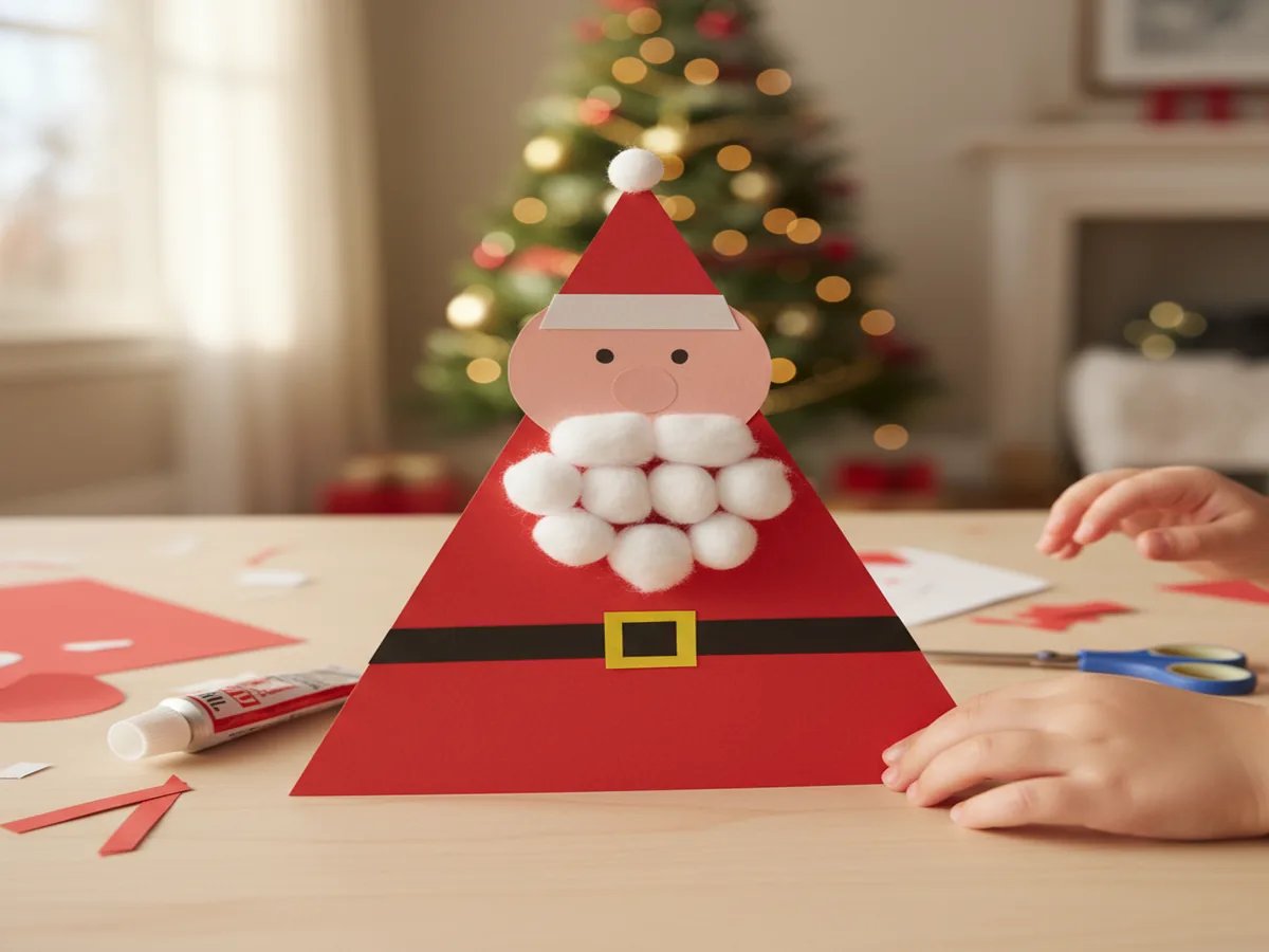 Handmade paper Santa Claus figure made from construction paper shapes with cotton ball beard
