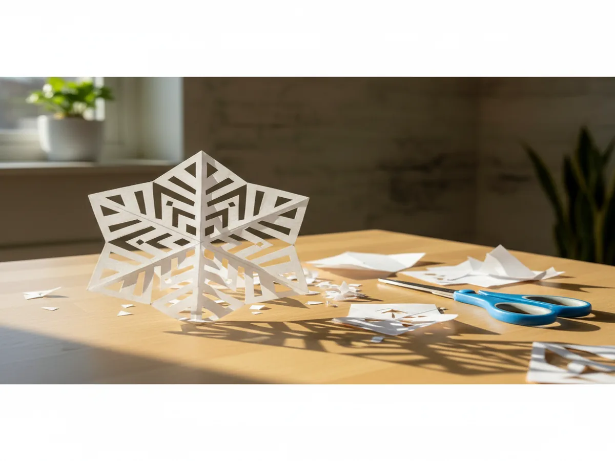 Beautiful handmade white paper snowflake with a symmetrical cut pattern unfolded on a table