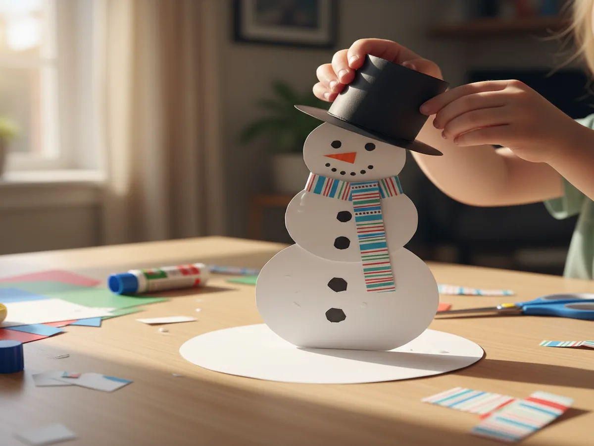 Handmade paper snowman made from three white paper circles with a black hat and carrot nose