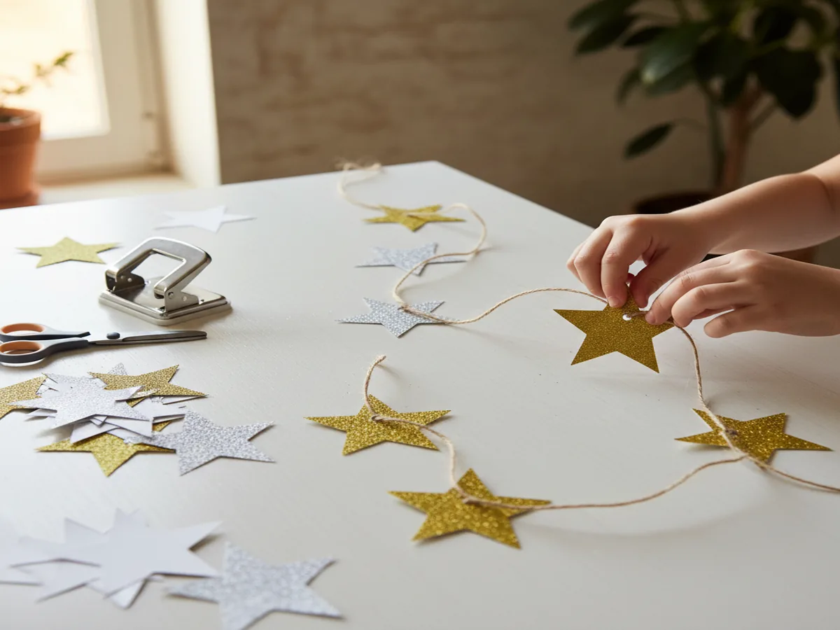 Handmade paper star garland with gold and silver paper stars threaded on twine