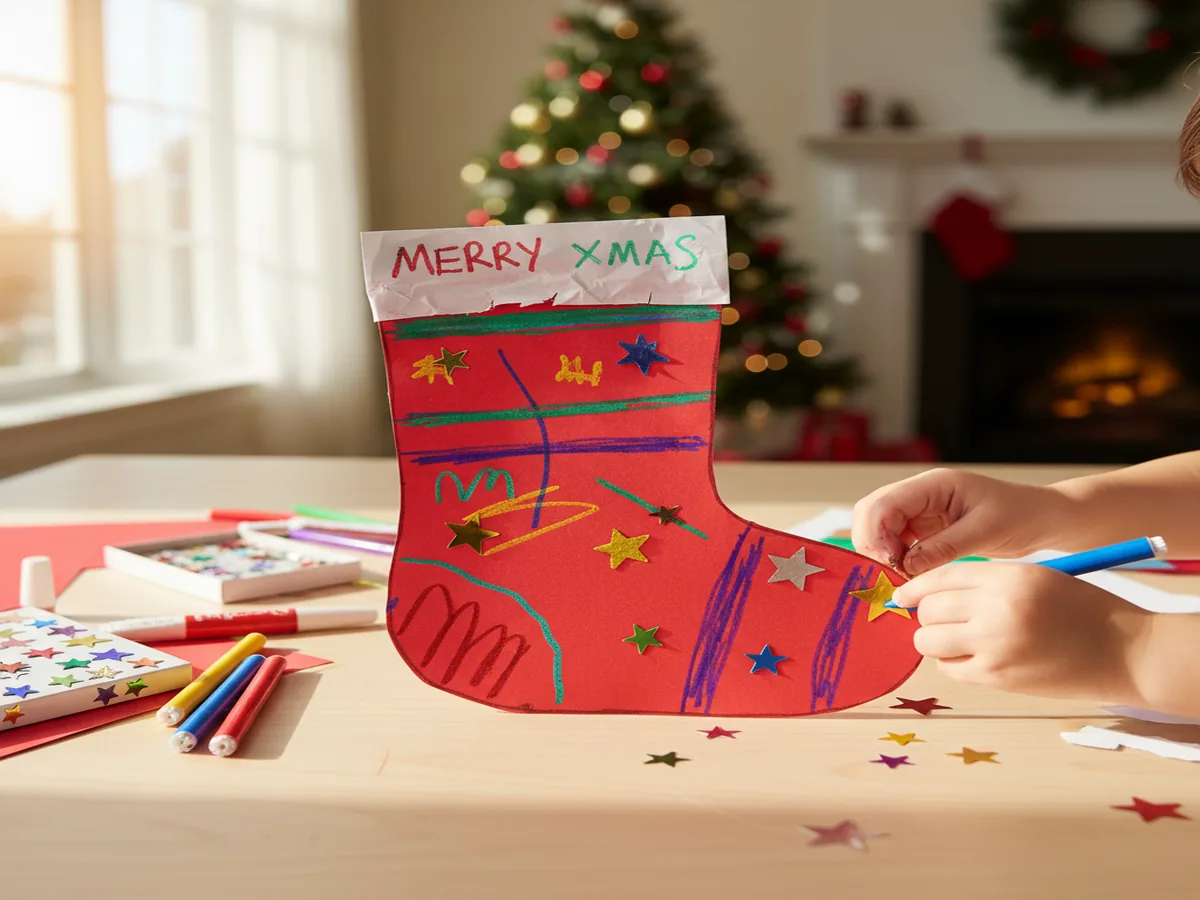 Handmade paper Christmas stocking made from red construction paper with marker decorations
