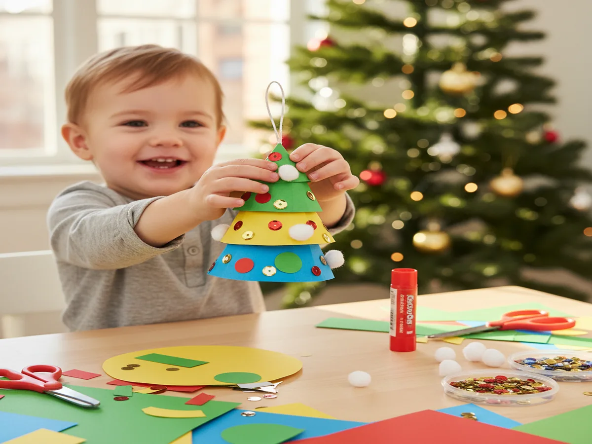 A proud toddler holding up the handmade Christmas story book they created