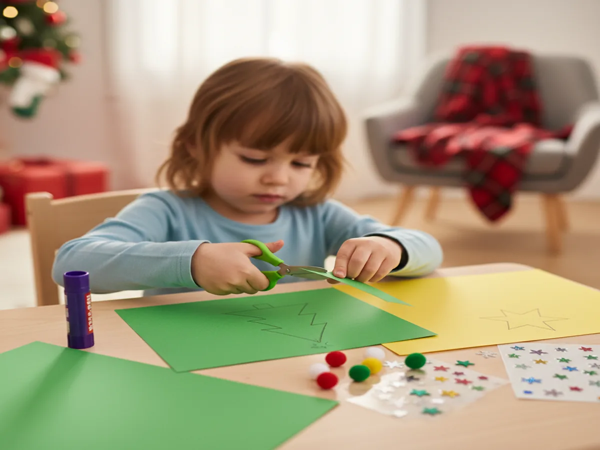A young child carefully cutting paper to make a pop-up Christmas card