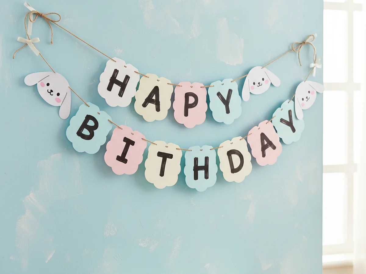 Handmade pastel Cinnamoroll birthday banner with HAPPY BIRTHDAY letters and small Cinnamoroll faces