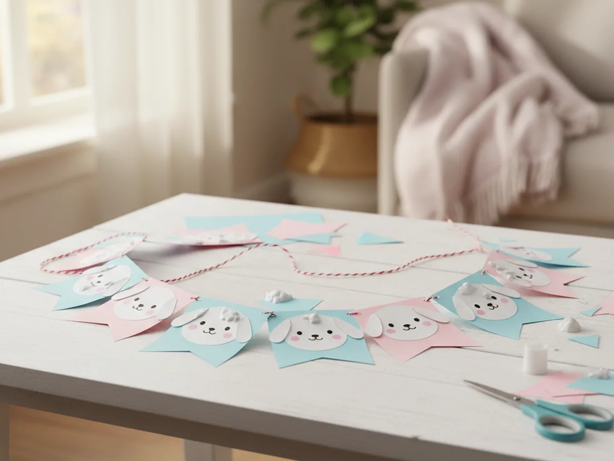 Pastel Cinnamoroll bunting garland with paper flags and small Cinnamoroll faces strung on twine