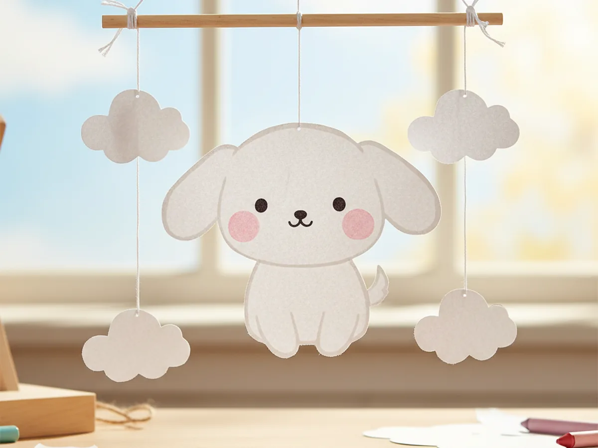 A handmade paper mobile with white paper clouds and a Cinnamoroll figure hanging from a wooden dowel