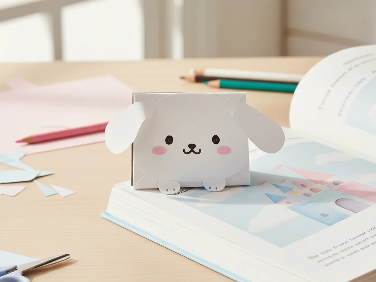 Handmade Cinnamoroll corner bookmark folded from white paper sitting on the page of an open book