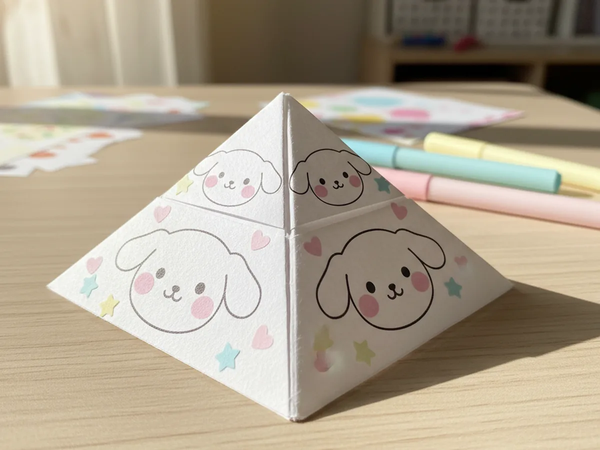 Folded paper fortune teller cootie catcher decorated with Cinnamoroll faces and pastel hearts