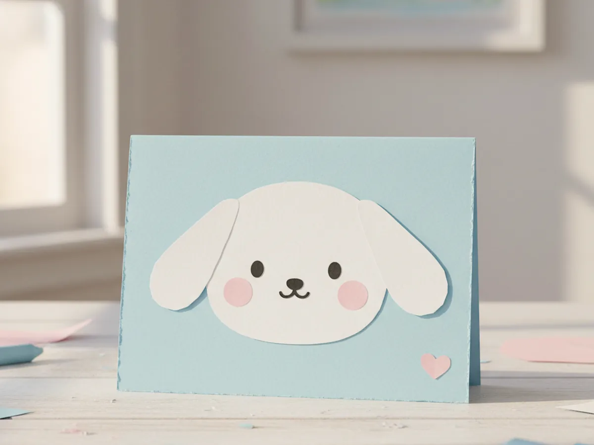 Handmade Cinnamoroll greeting card with a paper face cutout on pastel blue cardstock and a pink heart accent