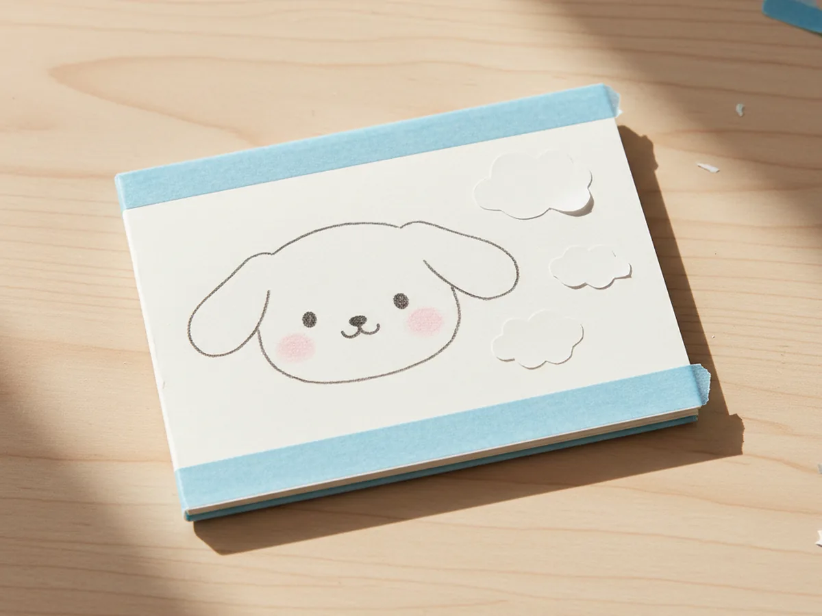 Mini notebook with a hand-drawn Cinnamoroll face on the cover and small paper clouds and blue washi tape edges