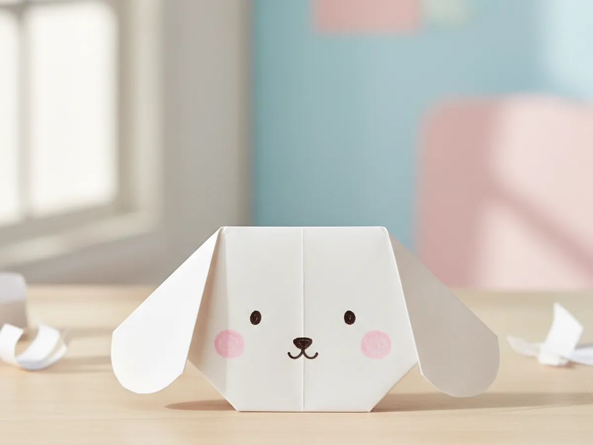 Folded paper Cinnamoroll origami face with droopy ears and a tiny smile drawn in black marker