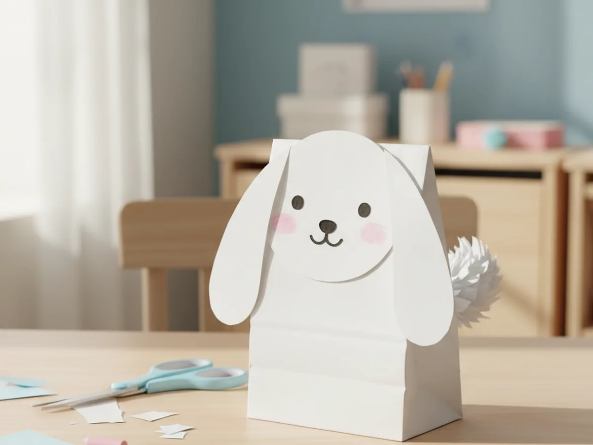 Cinnamoroll paper bag puppet with a white face, long ears, and a fluffy paper tail on a small white paper bag