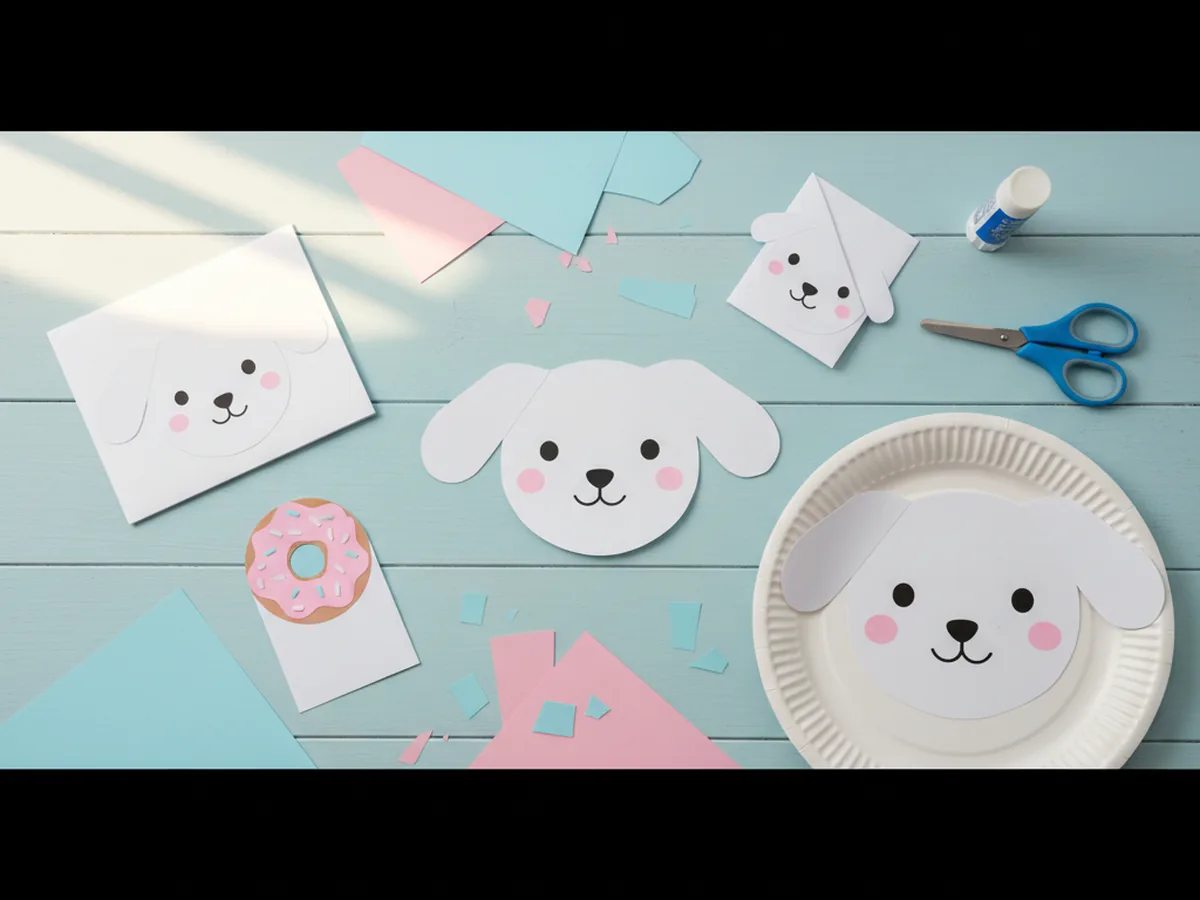 A pastel spread of handmade Cinnamoroll paper crafts including paper dolls, cards, bookmarks, and a paper donut on a soft blue craft table