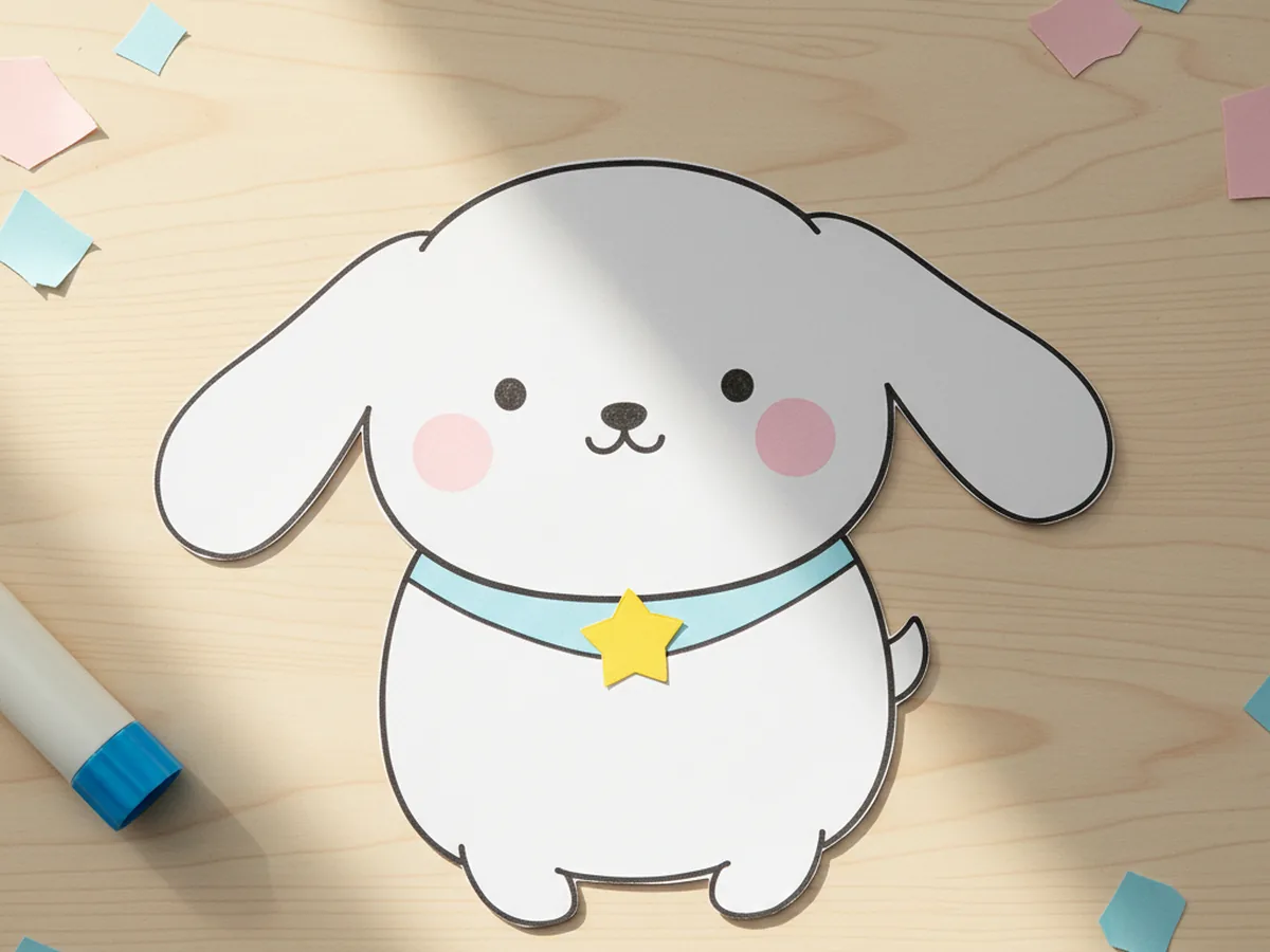 Handmade Cinnamoroll paper doll with long white ears, dot eyes, and a blue collar on white cardstock