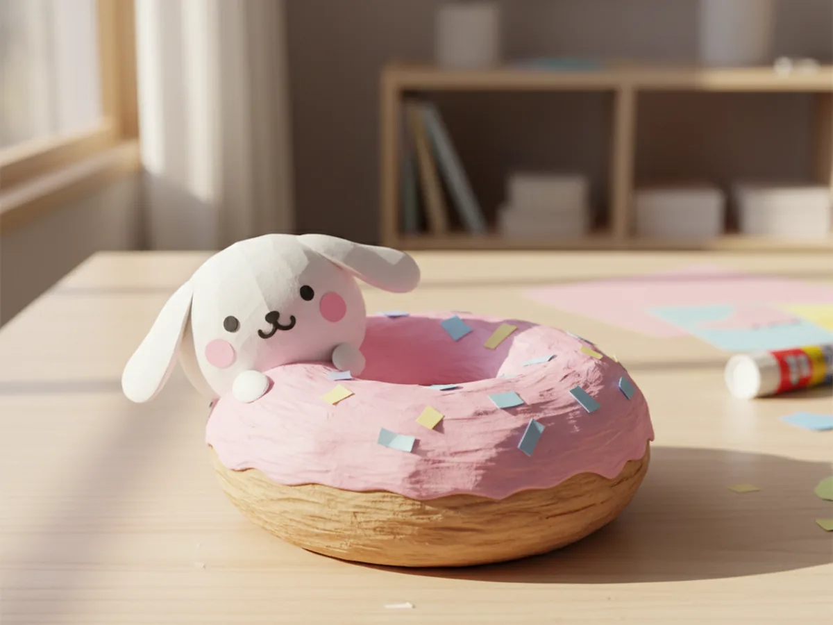 Handmade paper donut craft with pink frosting and a small Cinnamoroll face peeking out from one side