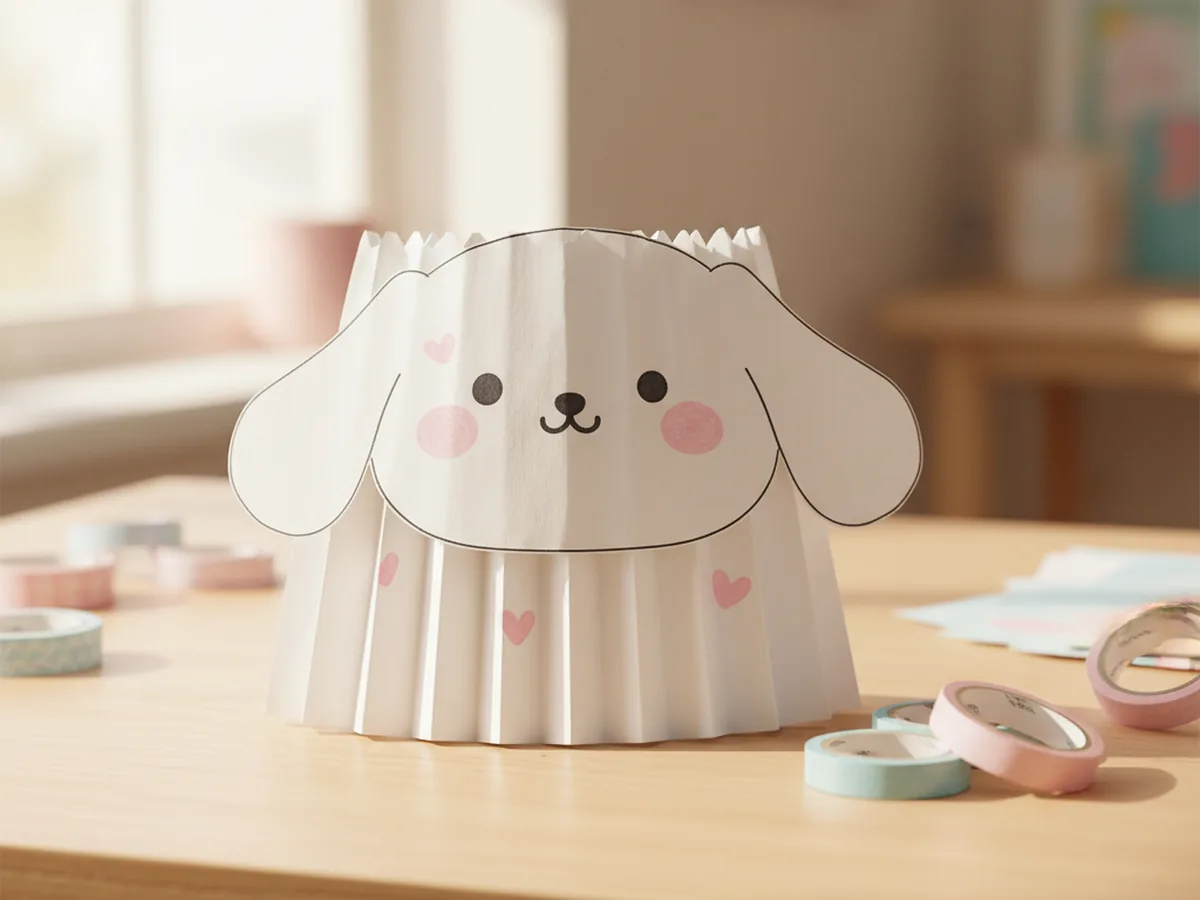 Accordion-folded white paper fan decorated with a Cinnamoroll face and pastel pink hearts
