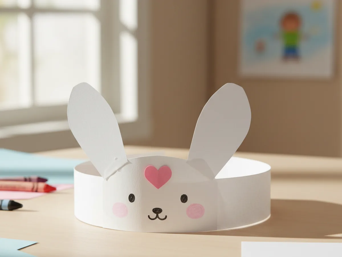 Wearable Cinnamoroll paper headband with two long white floppy ears on a child's head