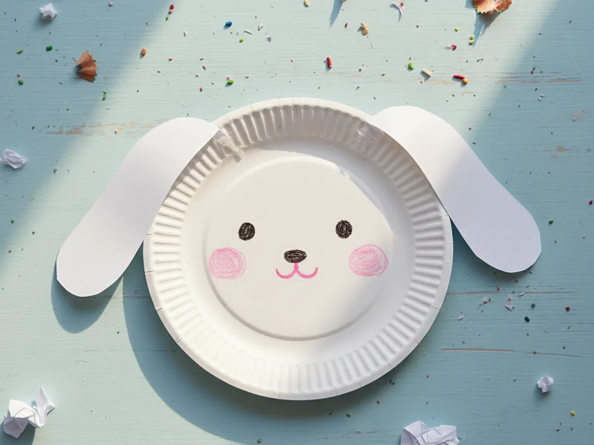A handmade Cinnamoroll face on a white paper plate with long ears and a soft pink mouth
