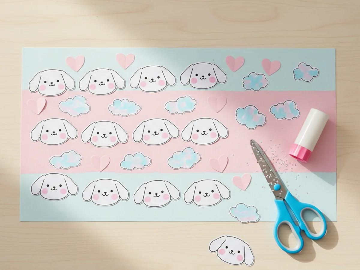 Handmade paper stickers featuring Cinnamoroll faces, hearts, and clouds in soft pastel colors