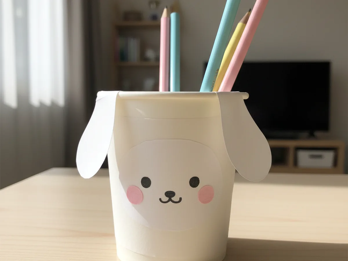 Cinnamoroll pencil holder made from a paper cup wrapped in white paper with floppy ears and pastel pencils inside
