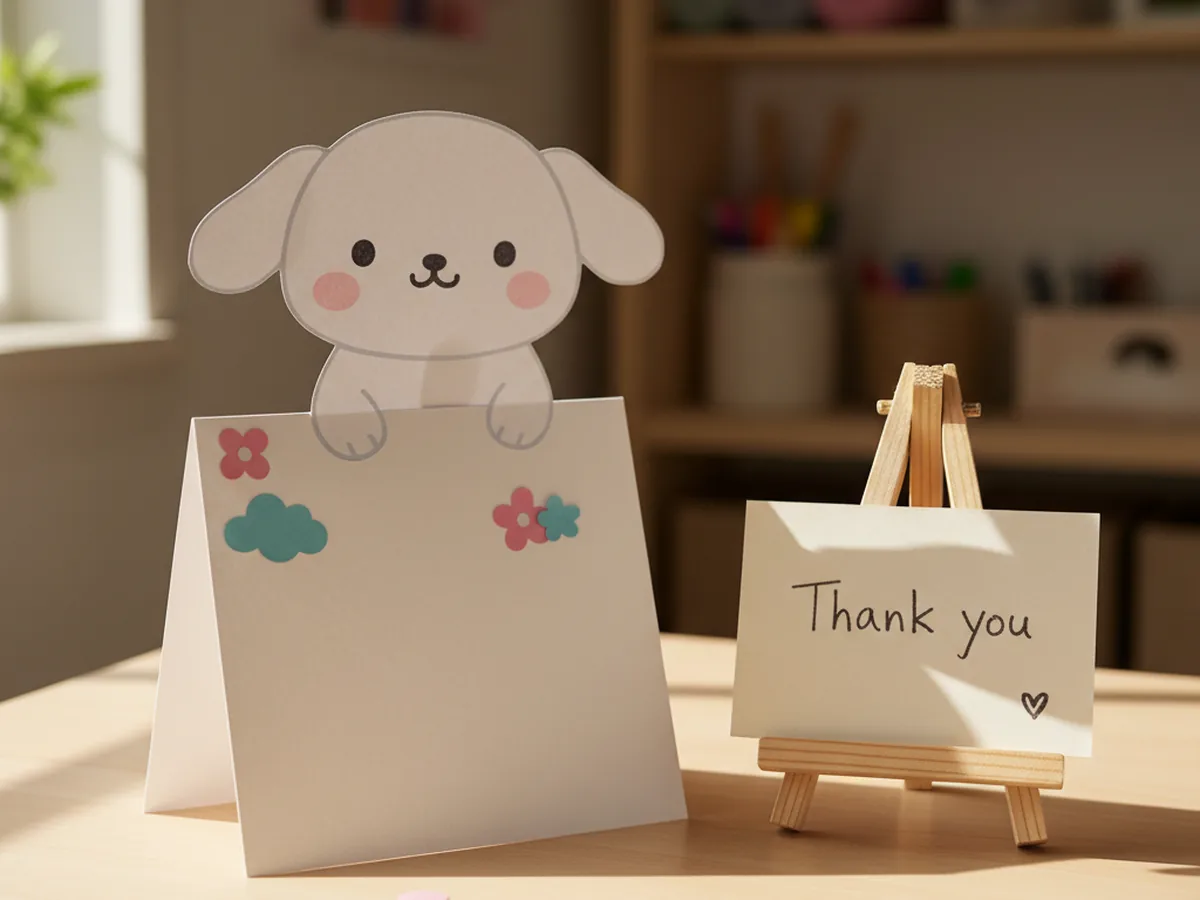 A standing Cinnamoroll greeting card with a paper figure popping above a folded cardstock base