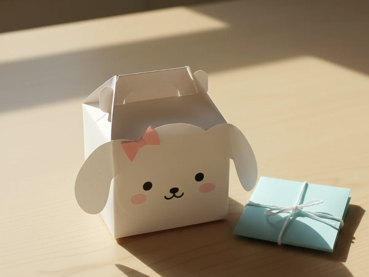 Small handmade Cinnamoroll treat box made from folded white cardstock with a face and pastel ribbon