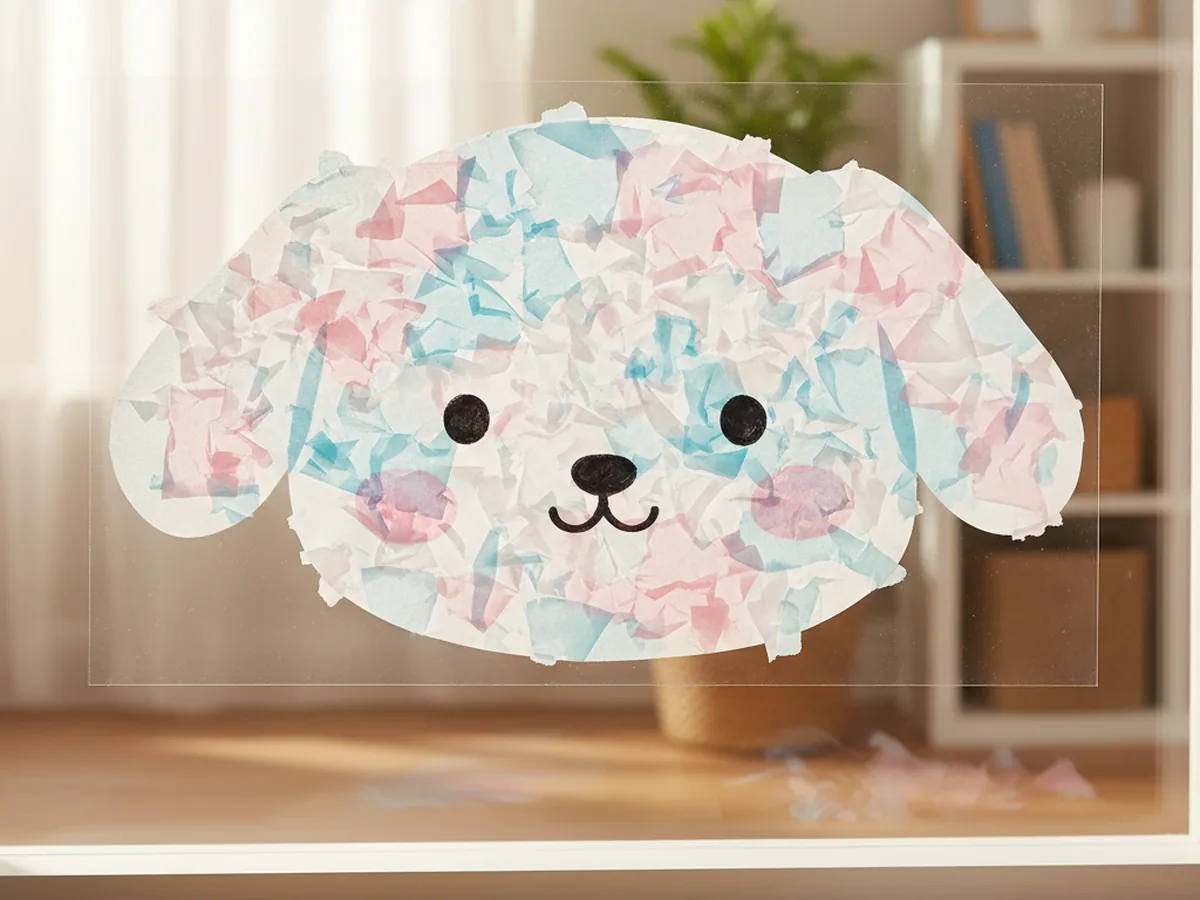 Cinnamoroll-shaped window cling made from pastel tissue paper pieces glowing in the sunlight on a window