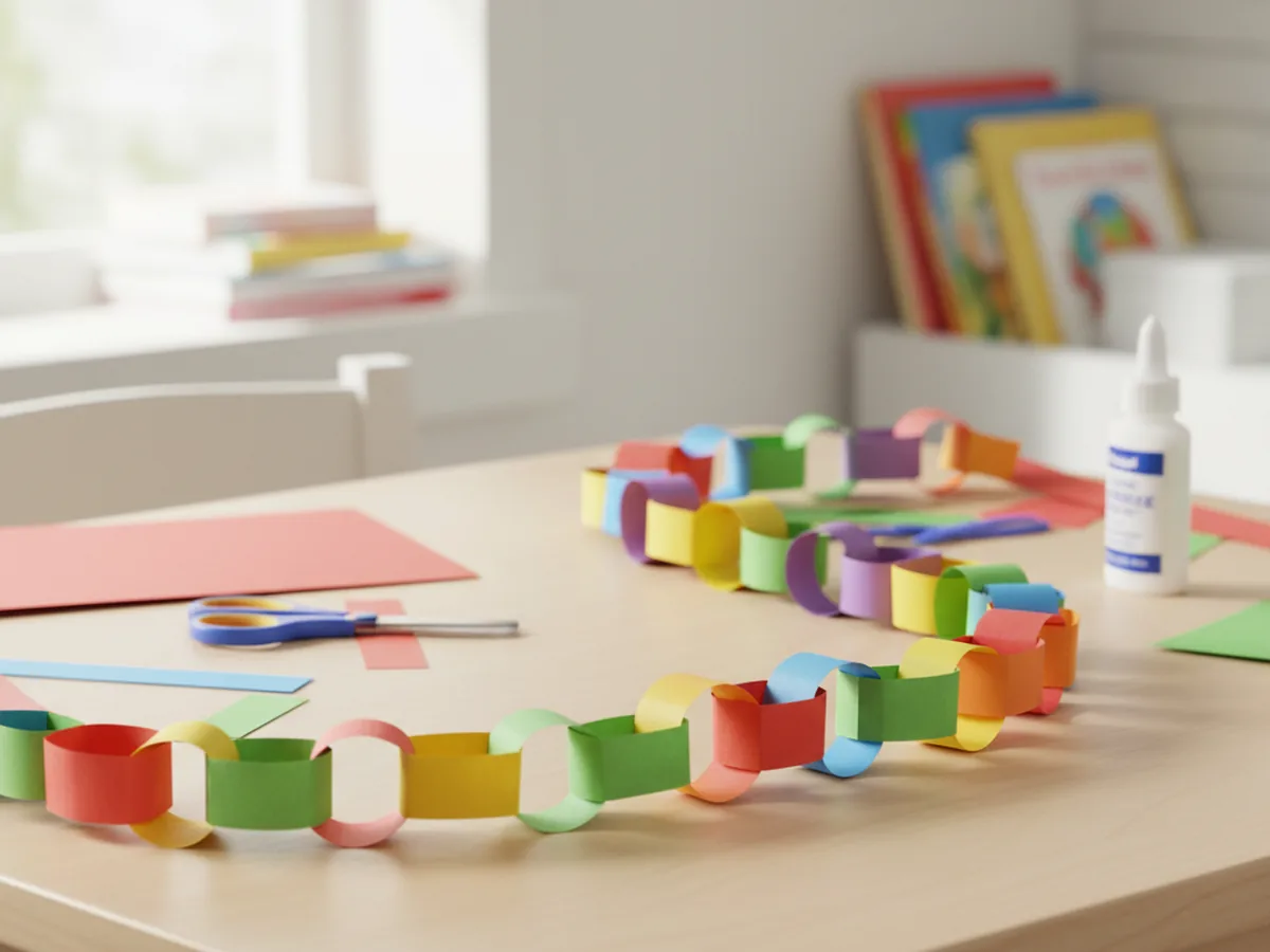 Long colorful paper chain garland made from rainbow construction paper strip loops