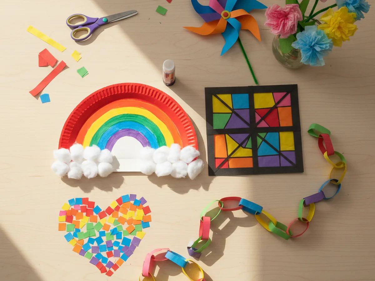 A bright spread of colorful paper crafts including rainbows, flowers, butterflies and lanterns on a craft table