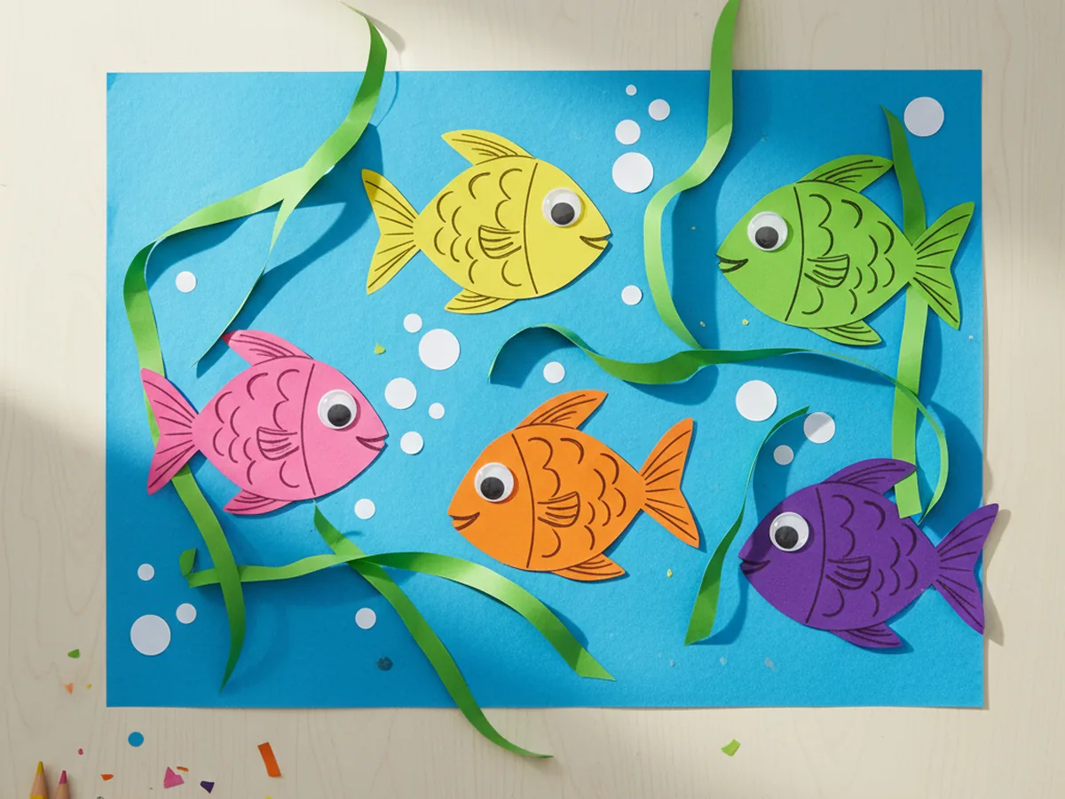 Colorful paper fish aquarium scene with bright fish, seaweed, and bubbles on blue paper