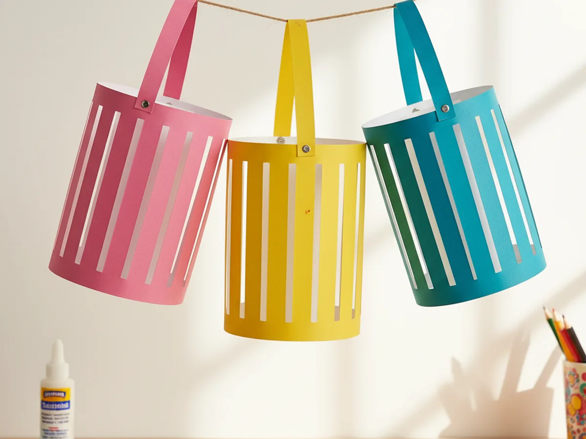 Bright colorful paper lanterns with vertical slits hanging side by side