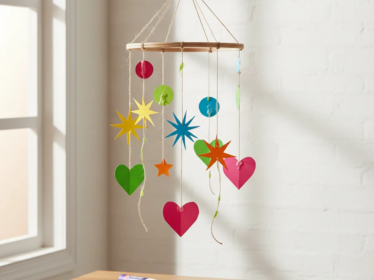 A colorful paper mobile with rainbow circles, stars, and hearts hanging from a wooden hoop