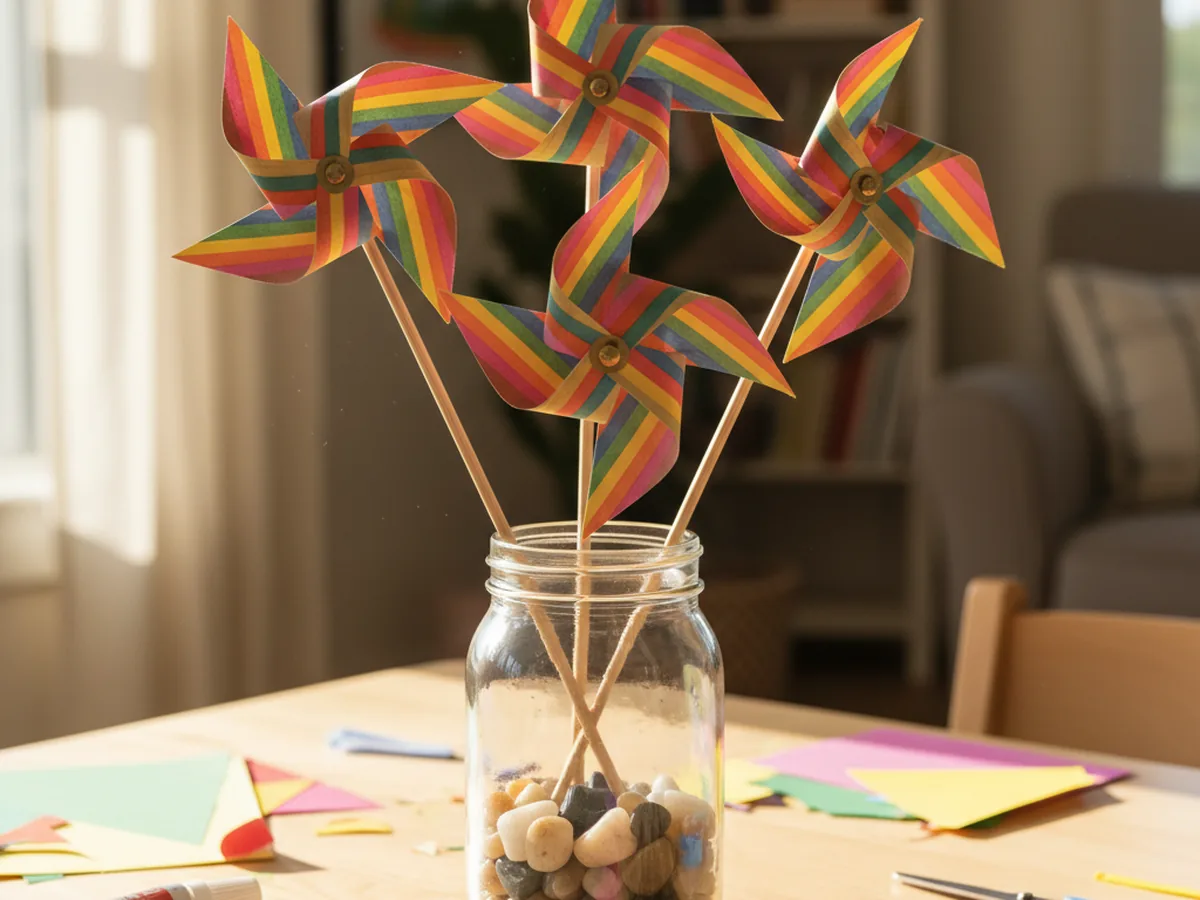 Bright colorful paper pinwheels made from rainbow paper attached to wooden sticks
