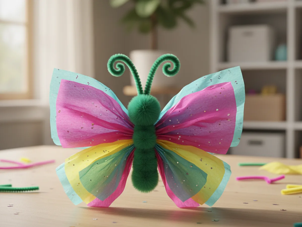 Colorful tissue paper butterfly with pinched wings and a pipe cleaner body