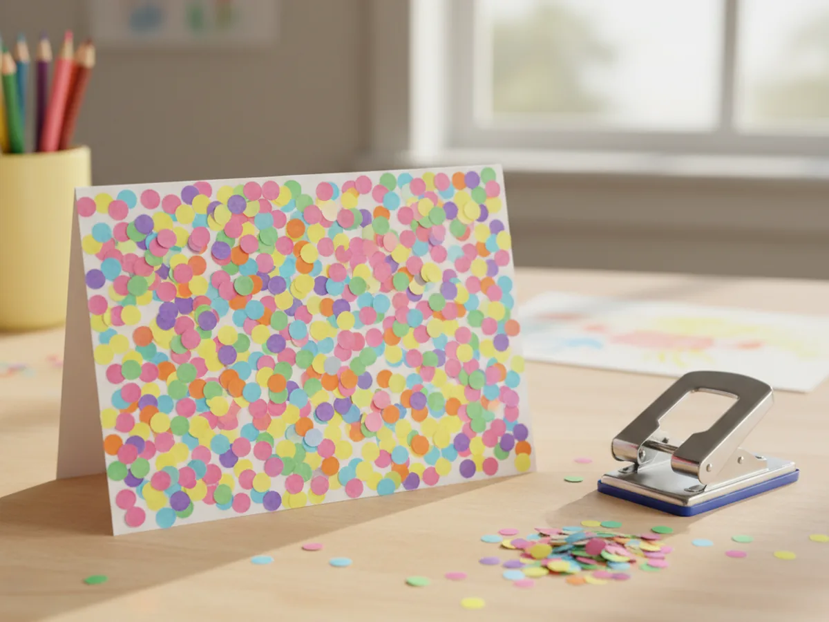 Bright confetti paper collage card covered with small colorful paper dots