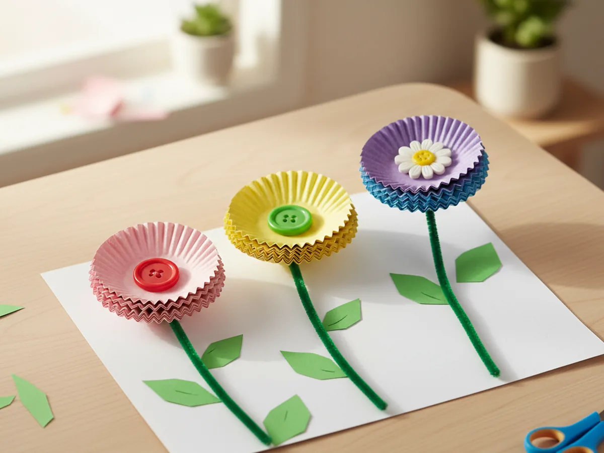 Colorful cupcake liner flowers glued onto green paper stems with paper leaves