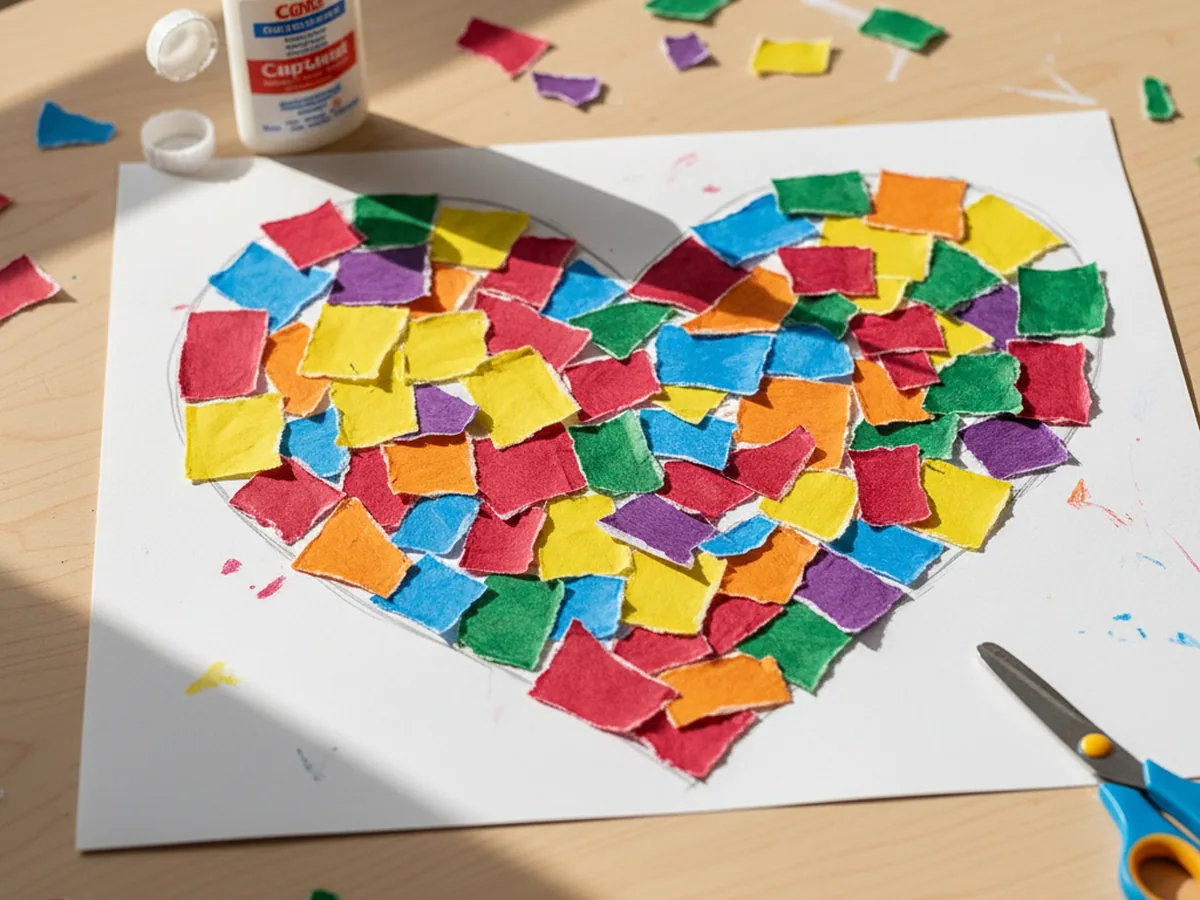 Colorful paper mosaic heart made from torn rainbow paper squares glued onto cardstock