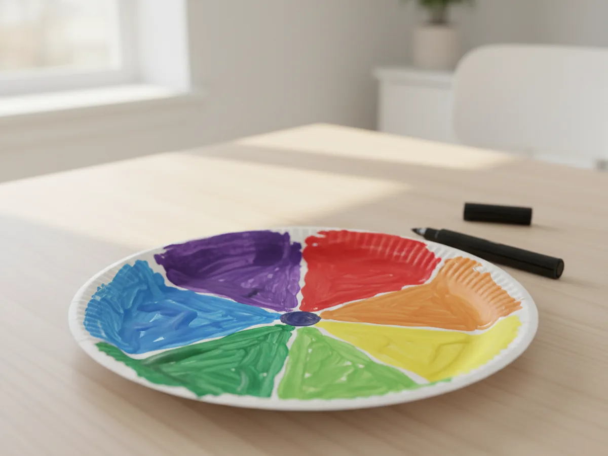Handmade paper plate color wheel divided into six rainbow color sections