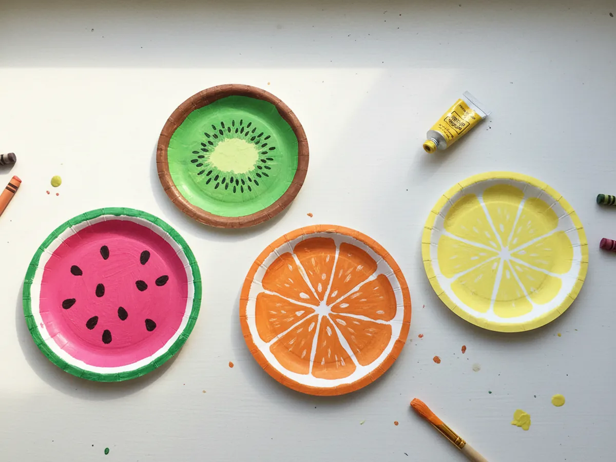Paper plate fruit slices decorated as watermelon, kiwi, orange and lemon