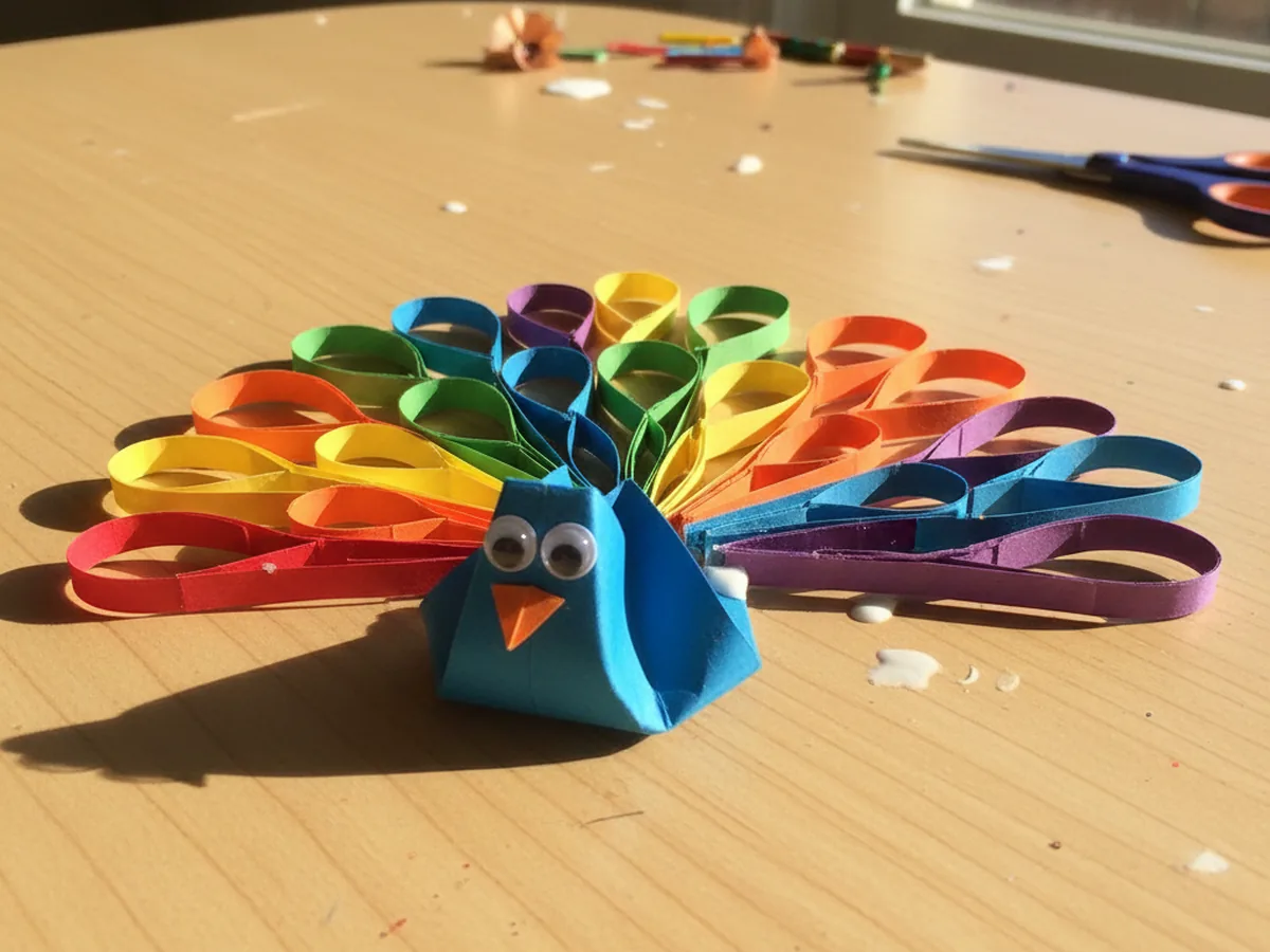 Handmade paper peacock craft with colorful teardrop loop feathers and googly eyes