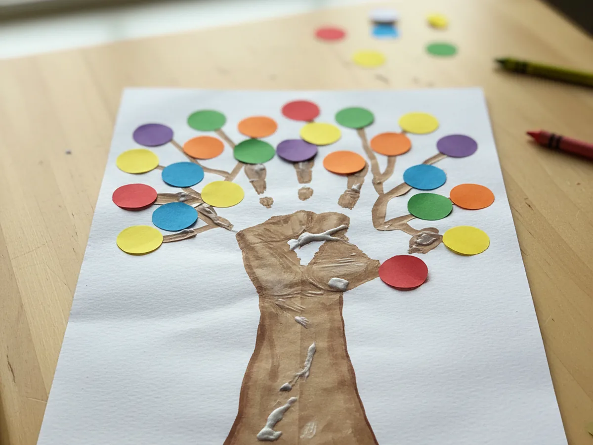 Rainbow handprint tree craft with a brown paper handprint trunk and colorful paper circle leaves