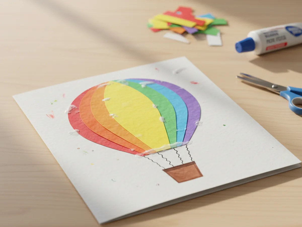 Rainbow hot air balloon card made from layered paper strips with a paper basket below