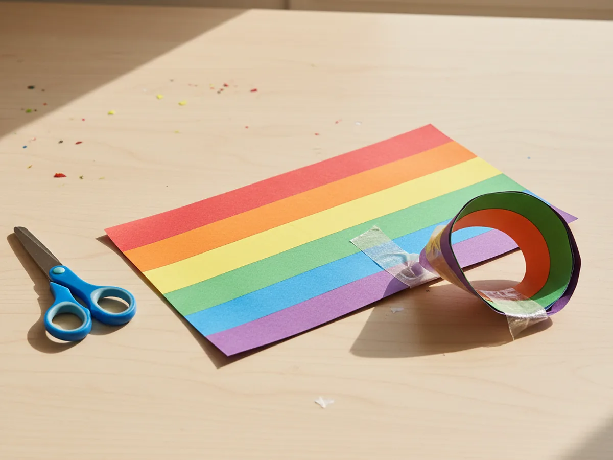 Handmade rainbow paper fan with accordion-folded colorful paper strips