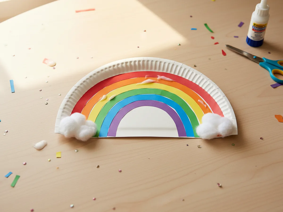 Handmade rainbow paper plate arch with colored construction paper strips and cotton ball clouds
