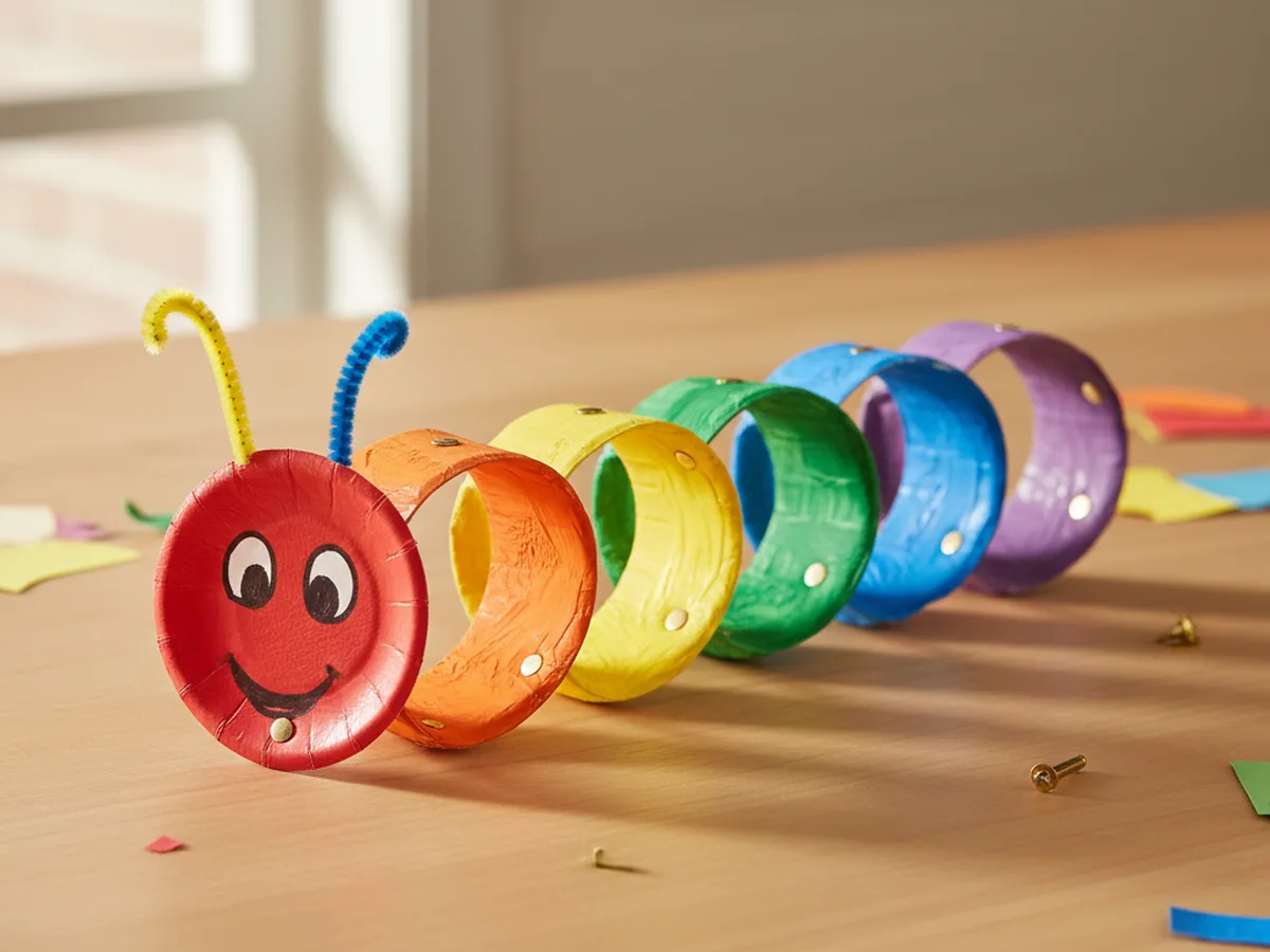 Rainbow paper plate caterpillar made from connected painted rings with smiley face and antennae