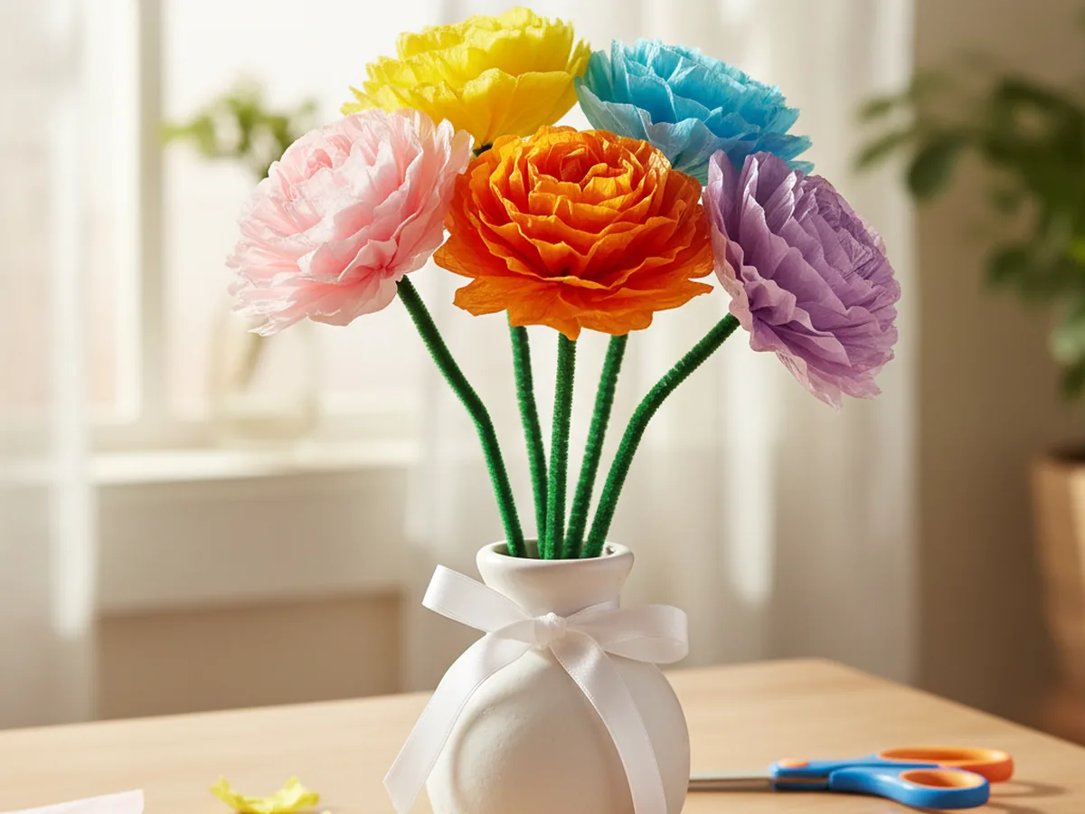 A fluffy bouquet of pink, yellow, and blue tissue paper flowers tied with ribbon