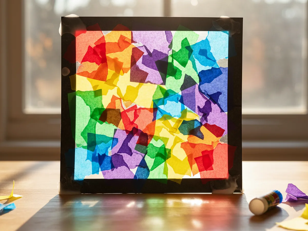 Tissue paper stained glass window craft with colorful tissue pieces inside a black paper frame