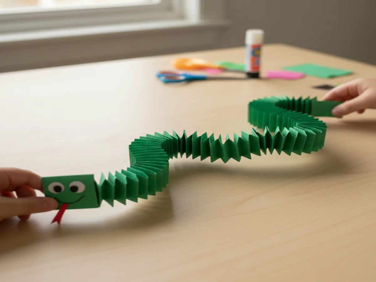 Handmade accordion-folded paper snake in green and yellow with a drawn face